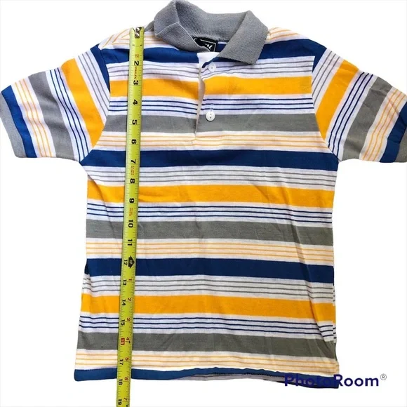 Vintage Boys 6 8 Polo Striped Short Sleeve Blue Yellow Gray Top Shirt - Picture 3 of 4